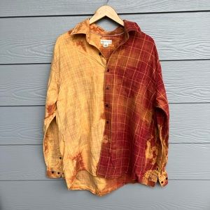 Bleach Dyed Distressed Red and Yellow Button Down